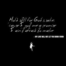 Hold still for God's sake, 'cause I got me a promise I ain't afraid to make - My Love Will Not Let You Down
